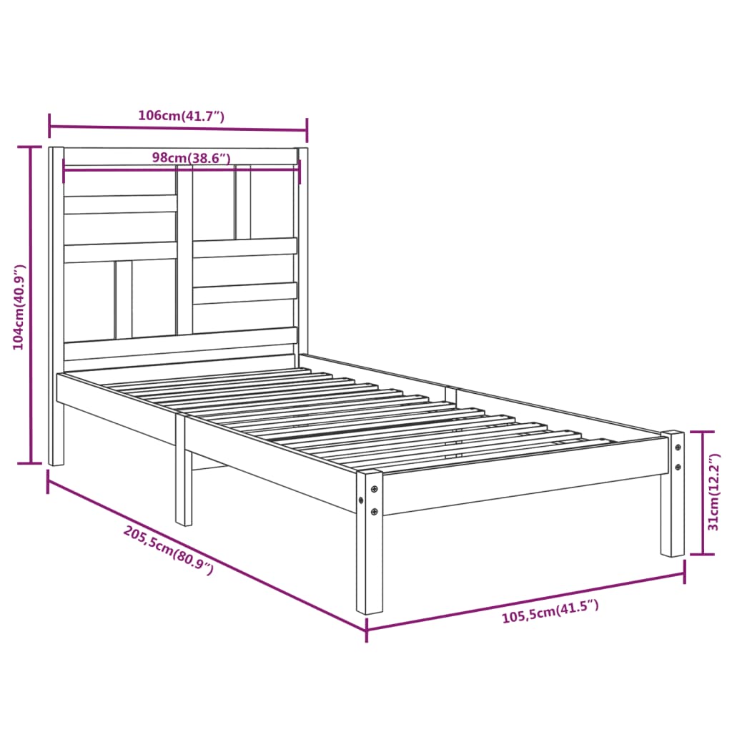 Bed Frame without Mattress White Solid Wood 100x200 cm