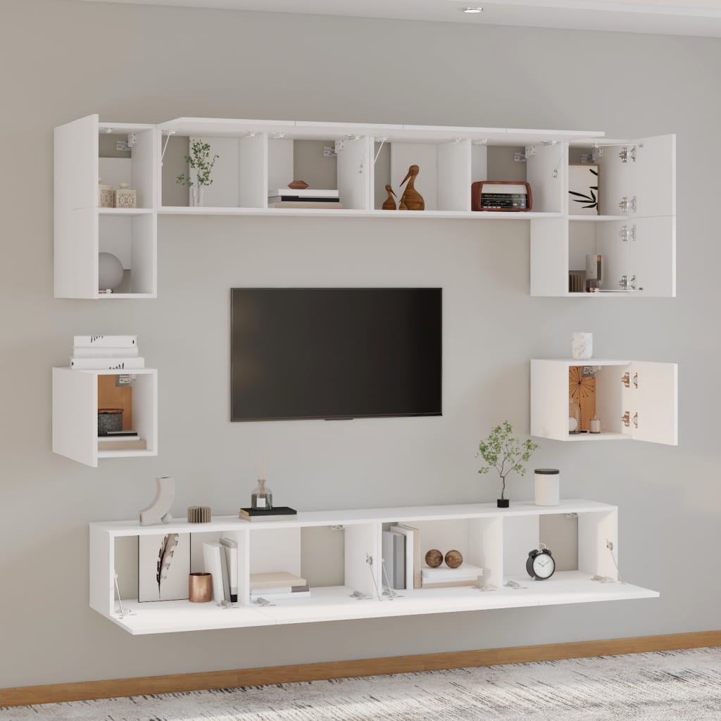 8 Piece TV Cabinet Set White Engineered Wood