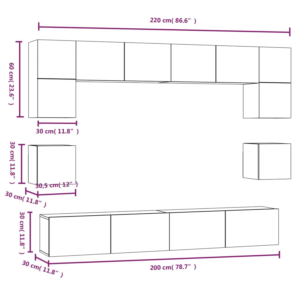 8 Piece TV Cabinet Set White Engineered Wood