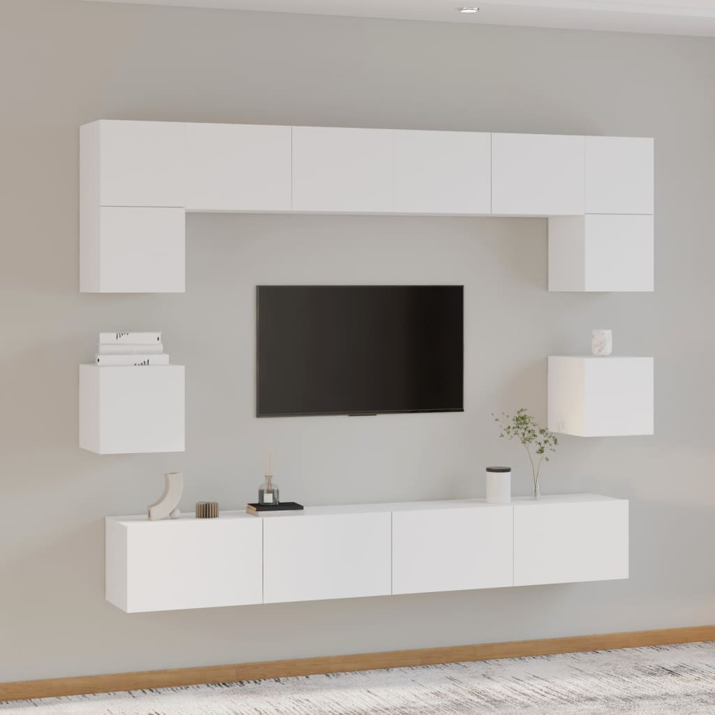 8 Piece TV Cabinet Set White Engineered Wood