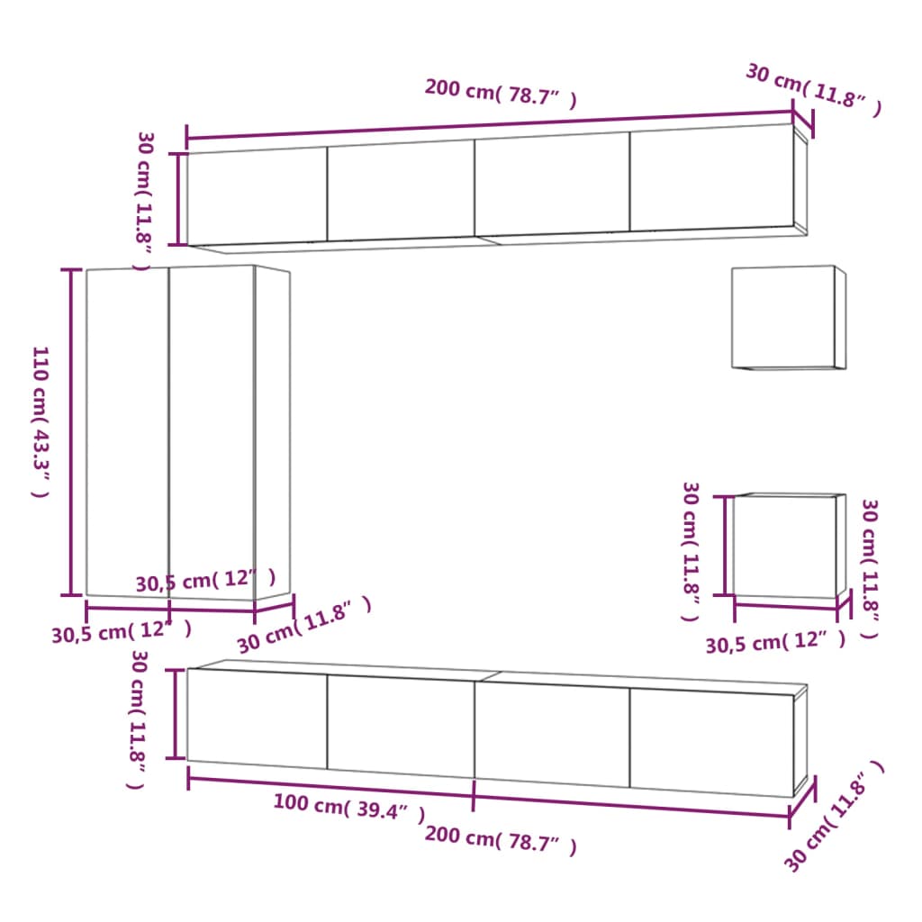 8 Piece TV Cabinet Set Grey Sonoma Engineered Wood