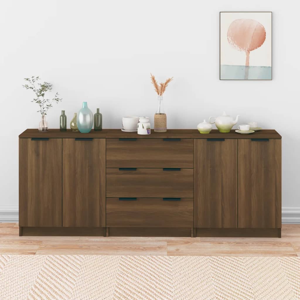 3 Piece Sideboards Brown Oak Engineered Wood