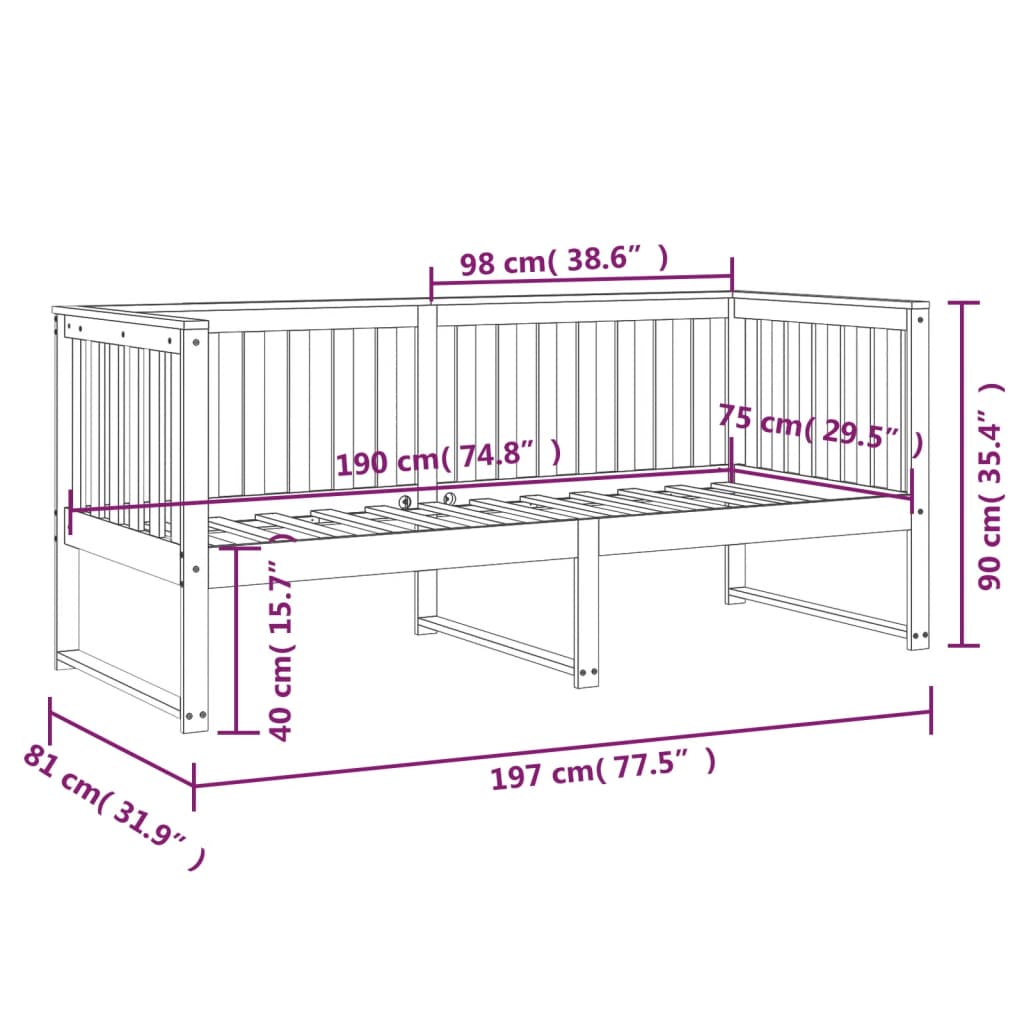 Day Bed without Mattress 75x190 cm Small Single Solid Wood Pine