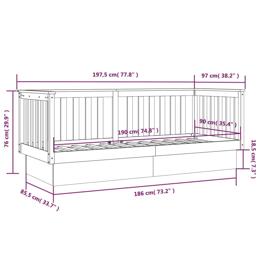 Day Bed without Mattress Black 90x190 cm Single Solid Wood Pine