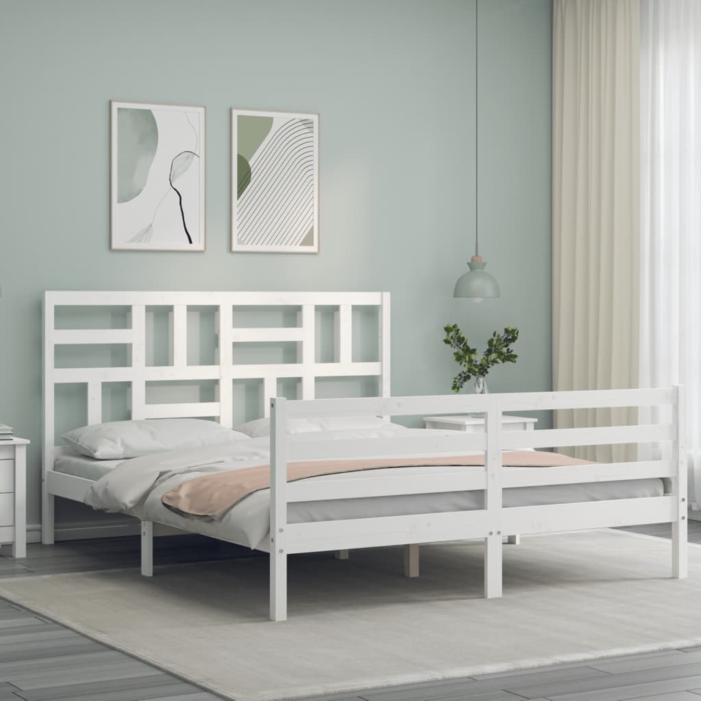 Bed Frame without Mattress White King Size Solid Wood