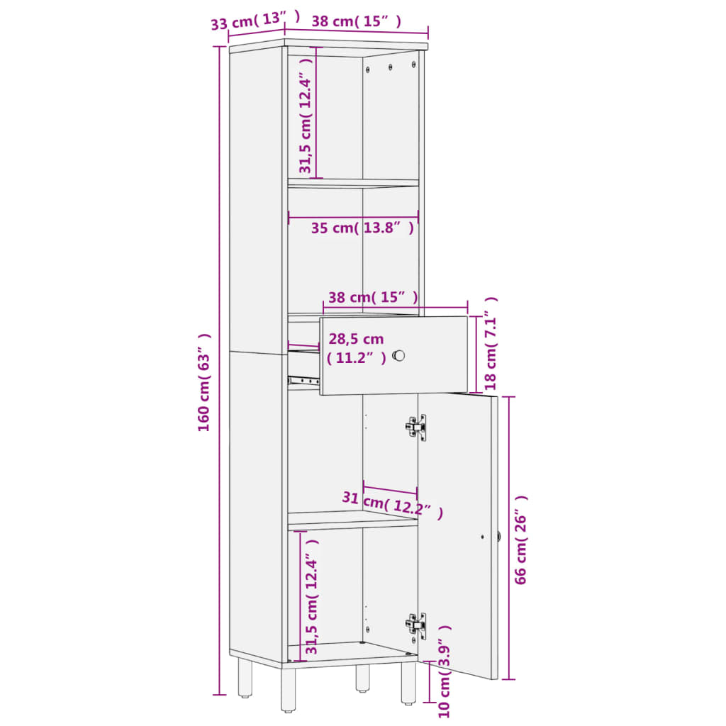 Bathroom Cabinet Black 38x33x160 cm Solid Wood Mango