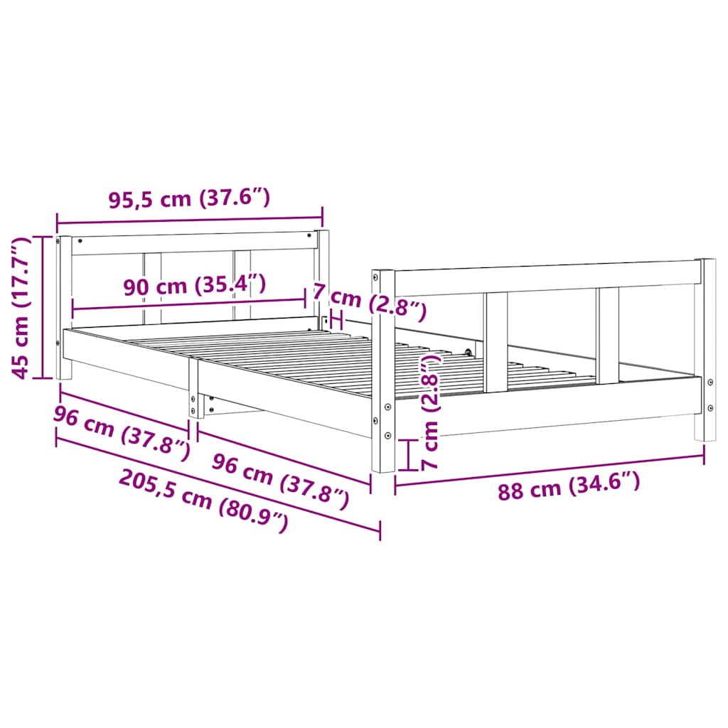 Kids Bed Frame White 90x200 cm Solid Wood Pine