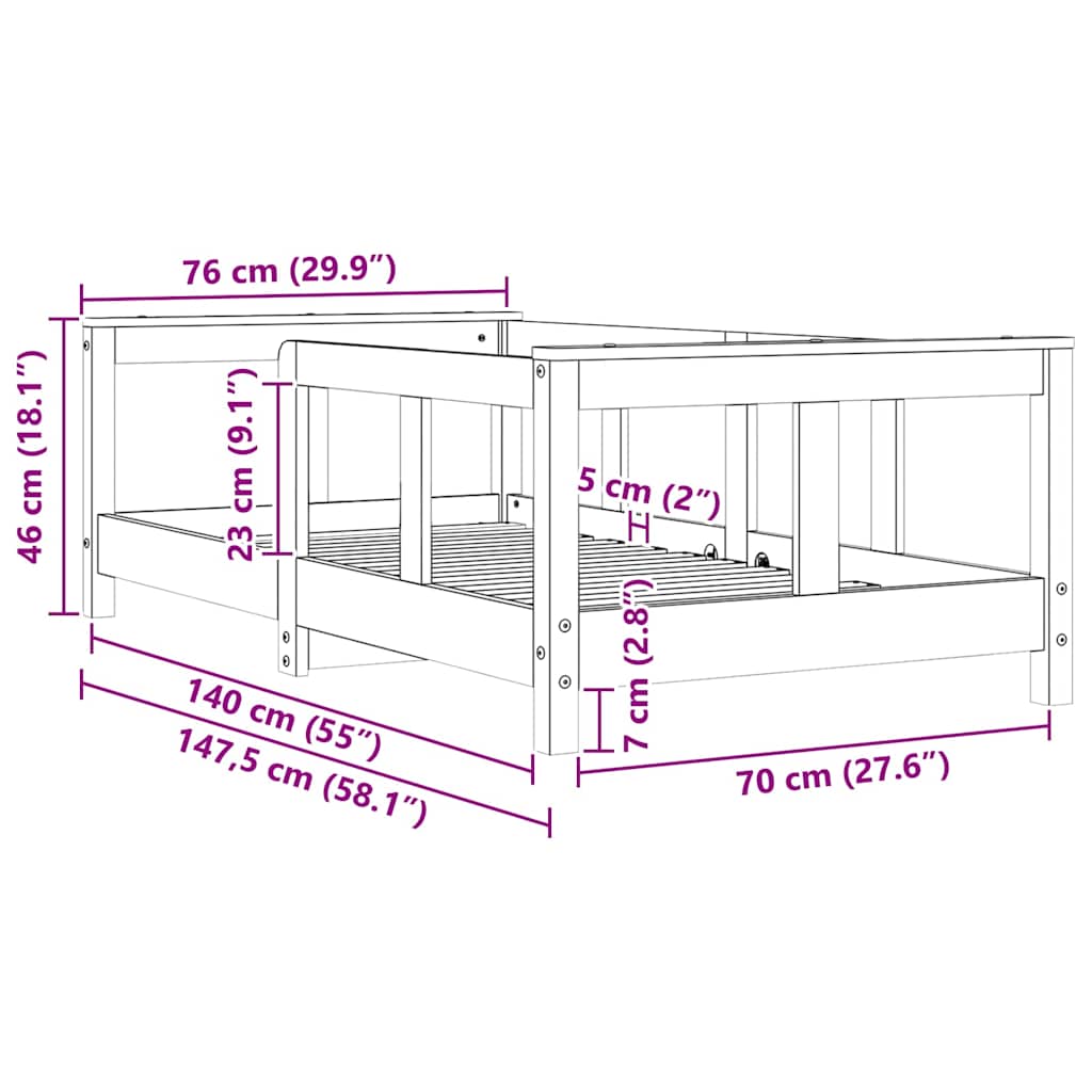 Kids Bed Frame White 70x140 cm Solid Wood Pine