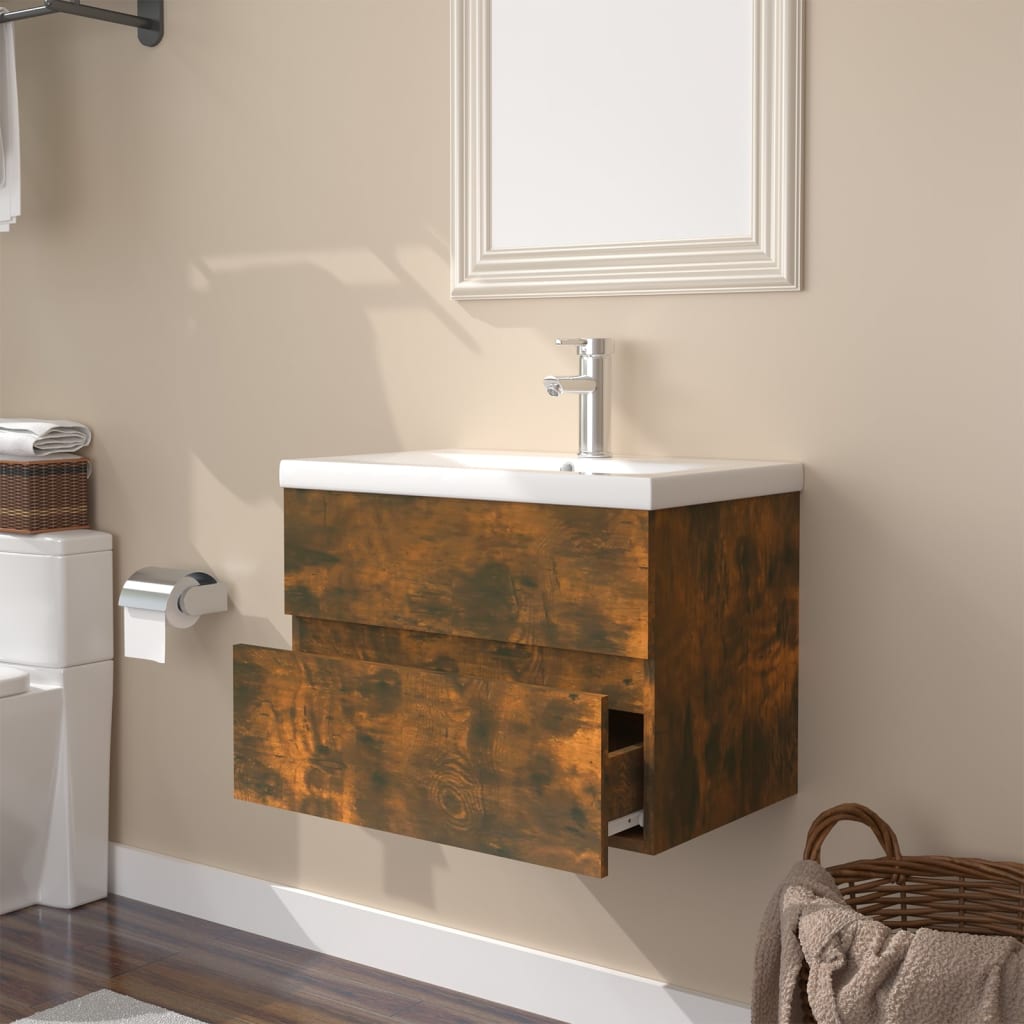Sink Cabinet with Built-in Basin Smoked Oak Engineered Wood