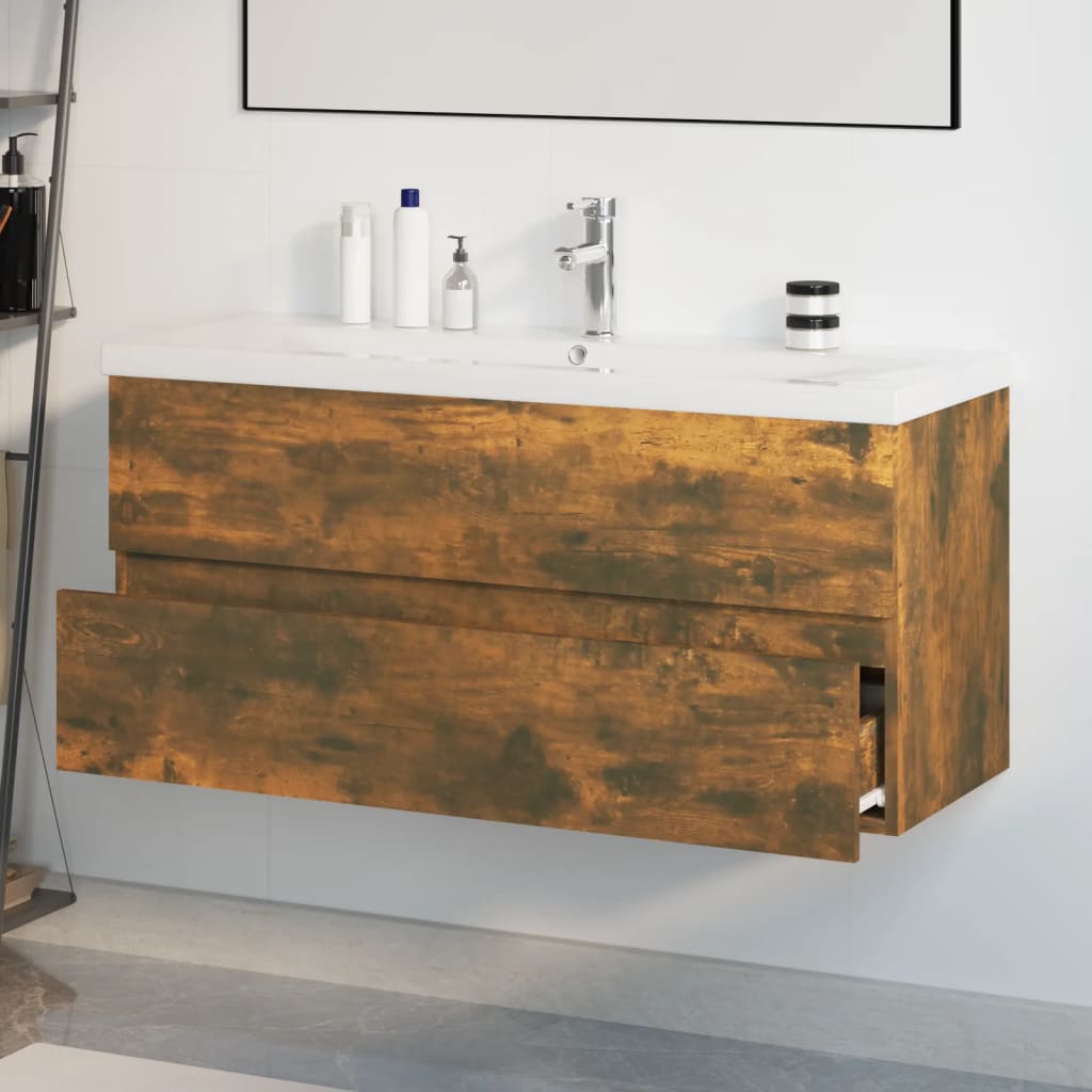 Sink Cabinet with Built-in Basin Smoked Oak Engineered Wood