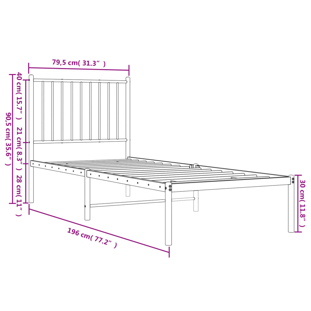 Metal Bed Frame without Mattress with Headboard Black 75x190cm