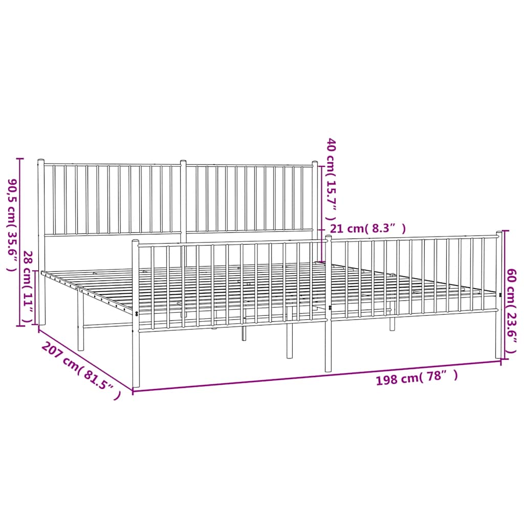 Metal Bed Frame without Mattress with Footboard White 193x203cm