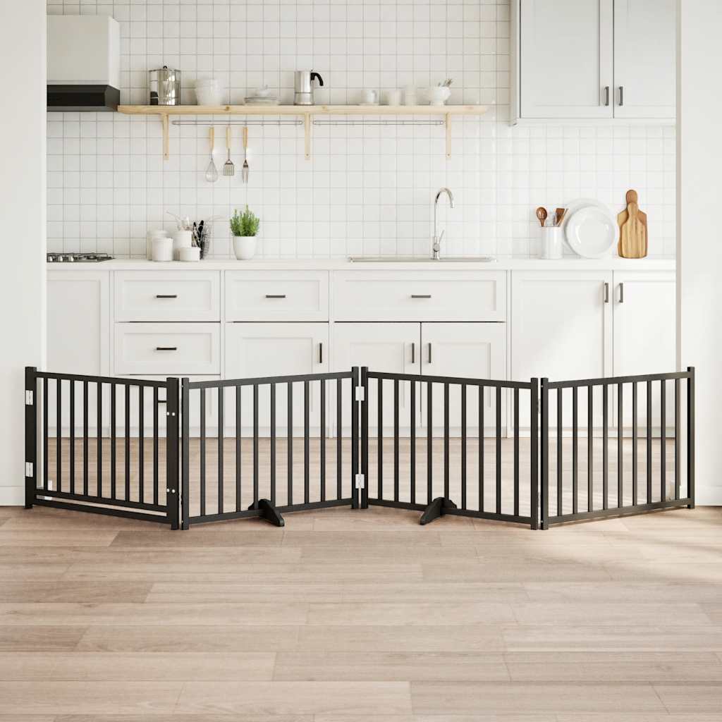 Dog Gate with Door Foldable 4 Panels Black 320 cm Solid Wood Fir