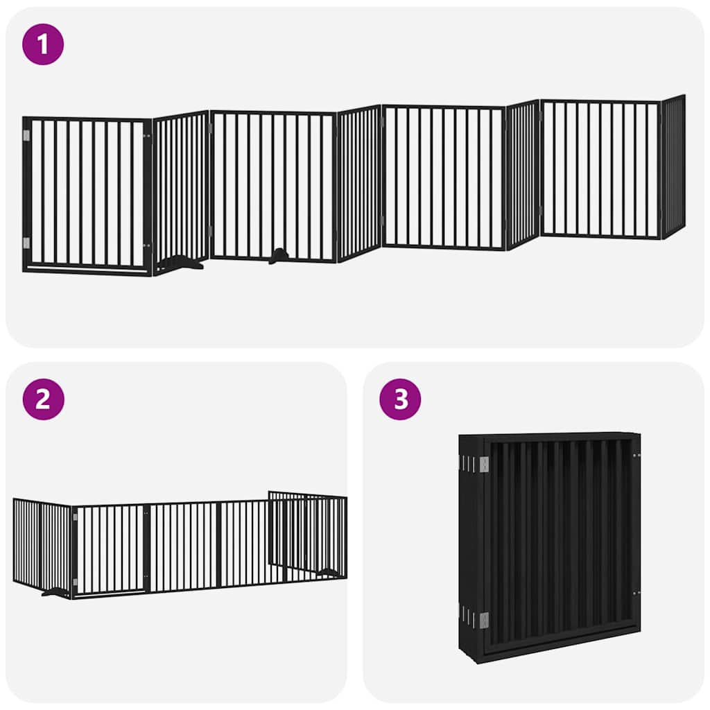 Dog Gate with Door Foldable 8 Panels Black 640 cm Poplar Wood