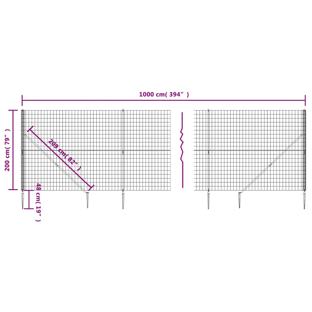 Wire Mesh Fence with Spike Anchors Anthracite 2x10 m