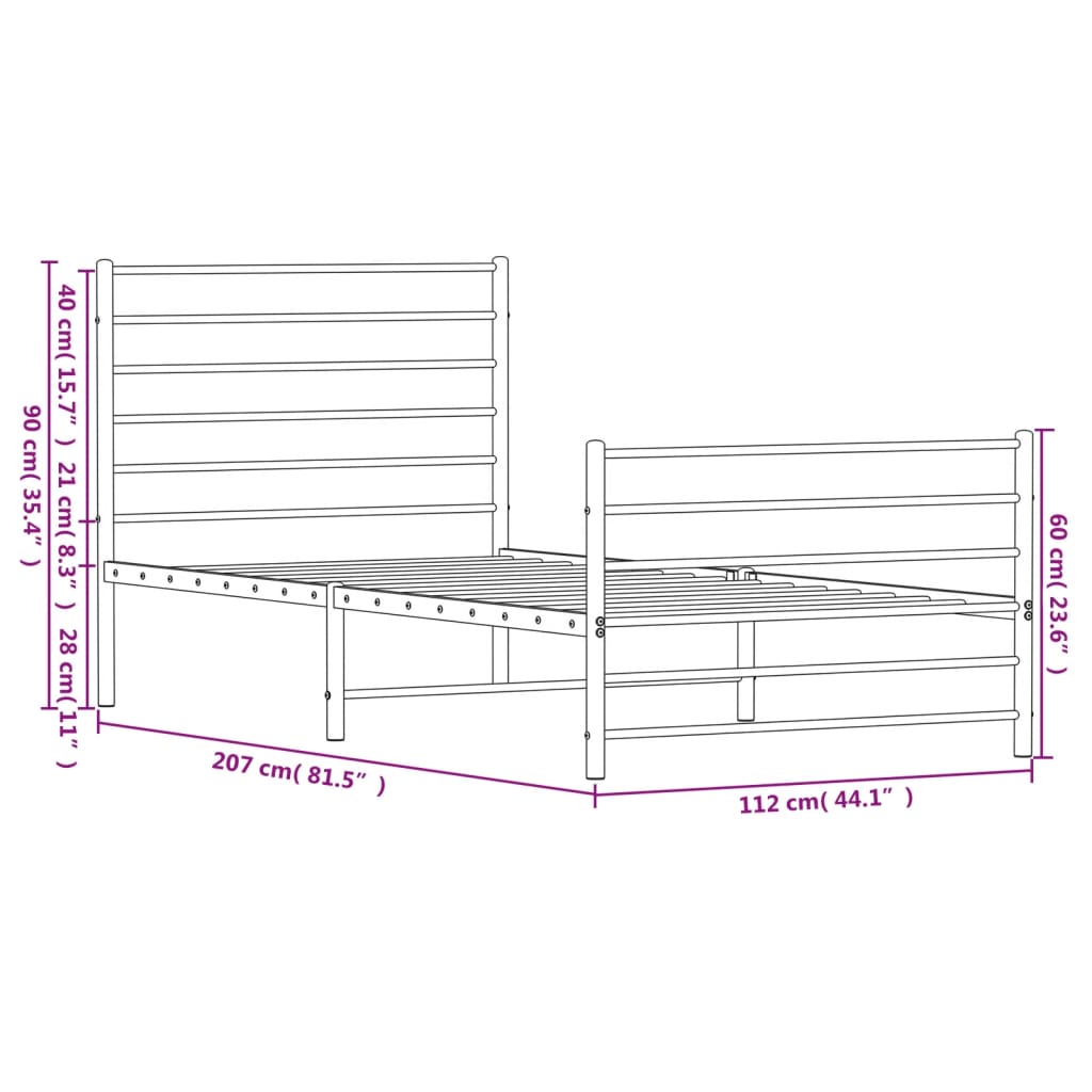 Metal Bed Frame without Mattress with Footboard Black 107x203cm