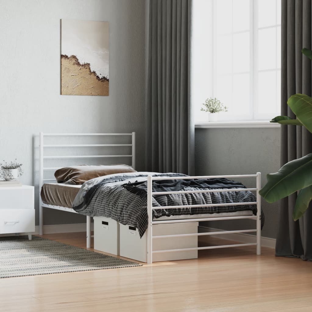 Metal Bed Frame without Mattress with Footboard White 75x190cm