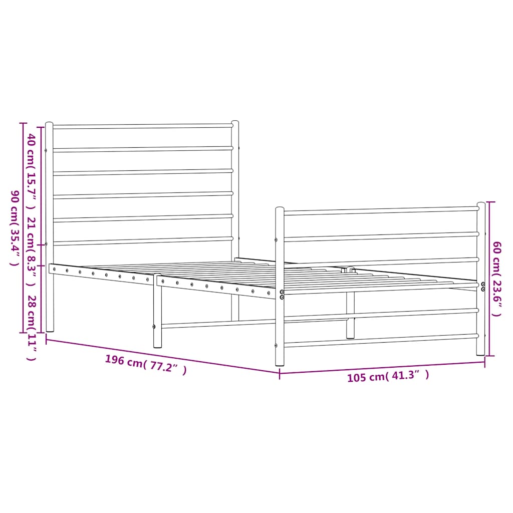 Metal Bed Frame without Mattress with Footboard White 100x190cm