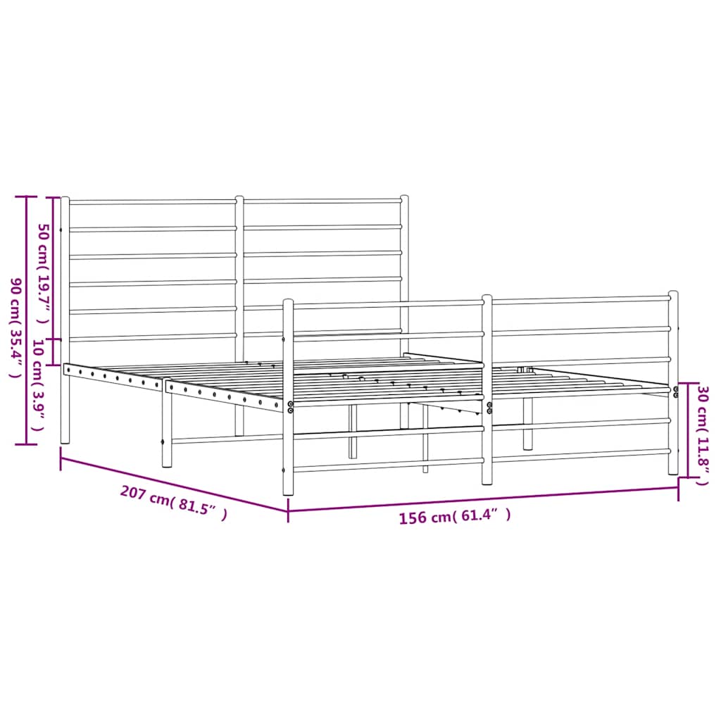 Metal Bed Frame without Mattress with Footboard White 150x200cm