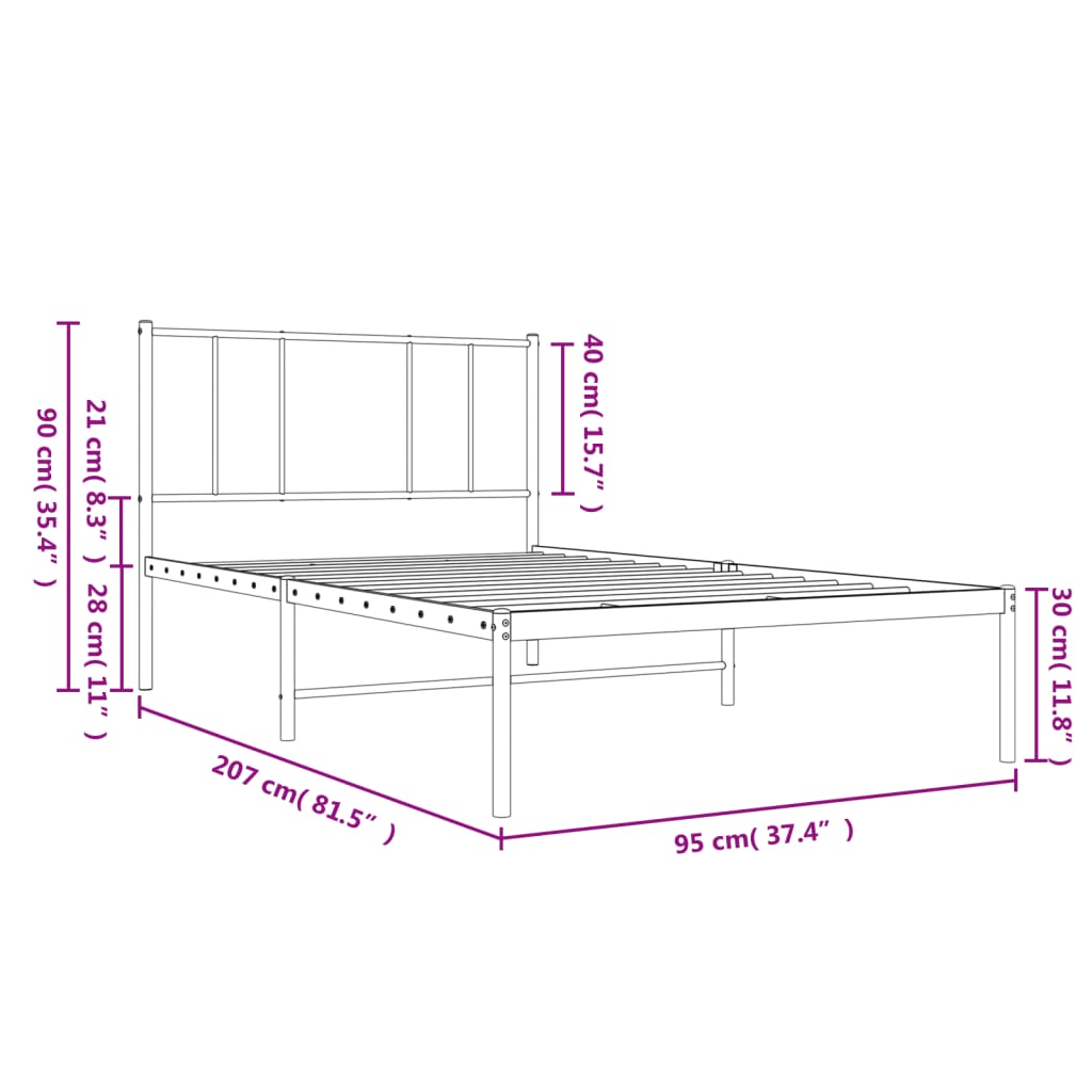Metal Bed Frame without Mattress with Headboard Black 90x200cm