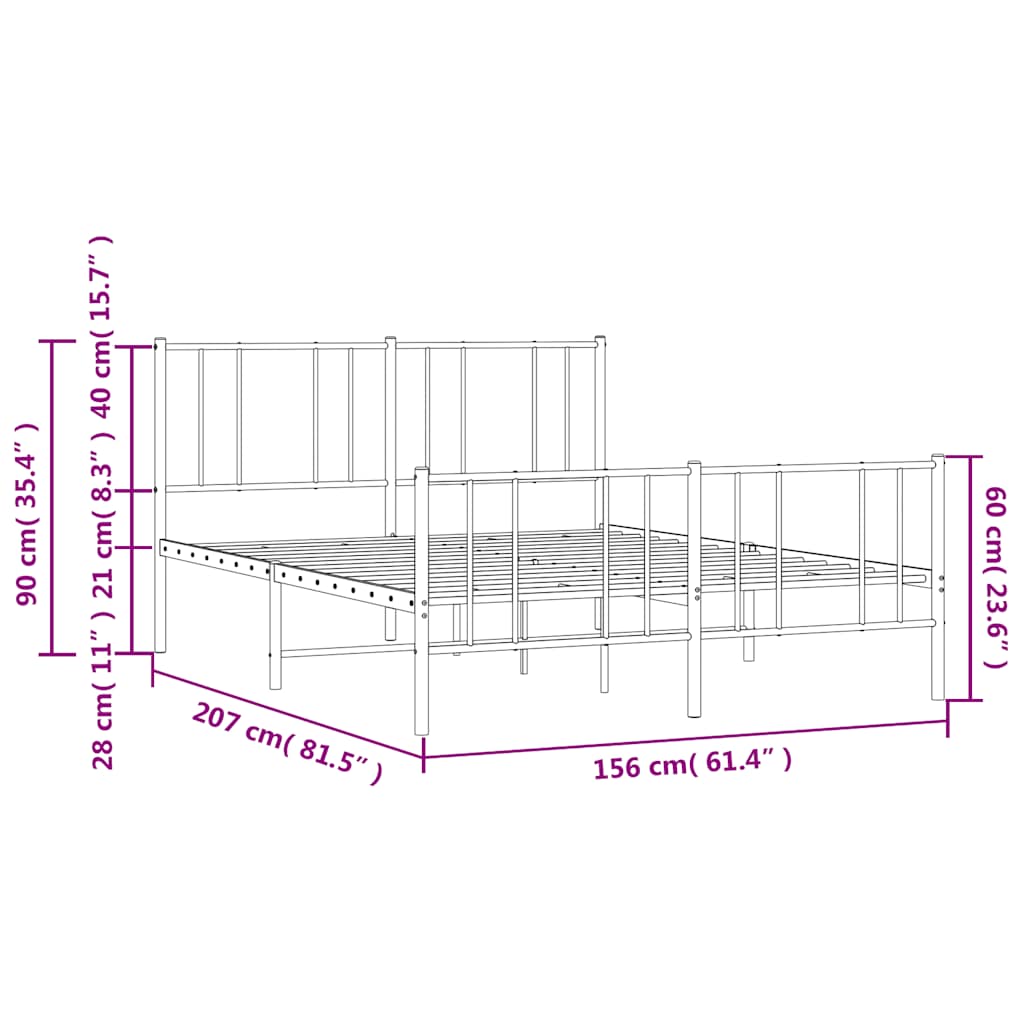 Metal Bed Frame without Mattress with Footboard White 150x200cm