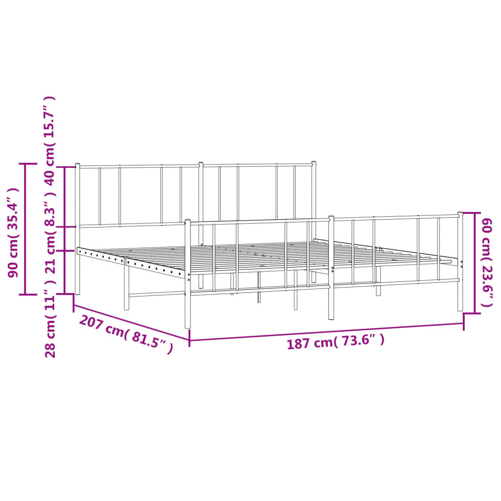 Metal Bed Frame without Mattress with Footboard White 180x200cm