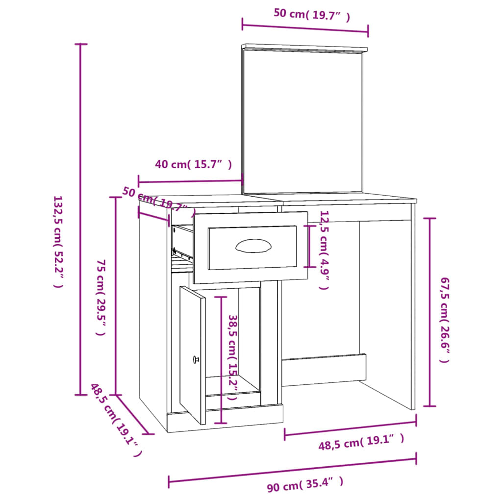 Dressing Table with Mirror Grey Sonona 90x50x132.5 cm Engineered Wood
