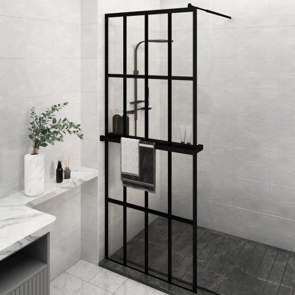 Walk-in Shower Wall with Shelf Black 80x195 cm ESG Glass&Aluminium