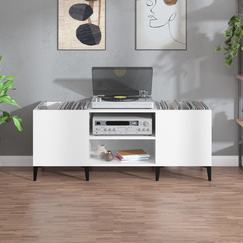 Record Cabinet High Gloss White 121x38x48 cm Engineered Wood