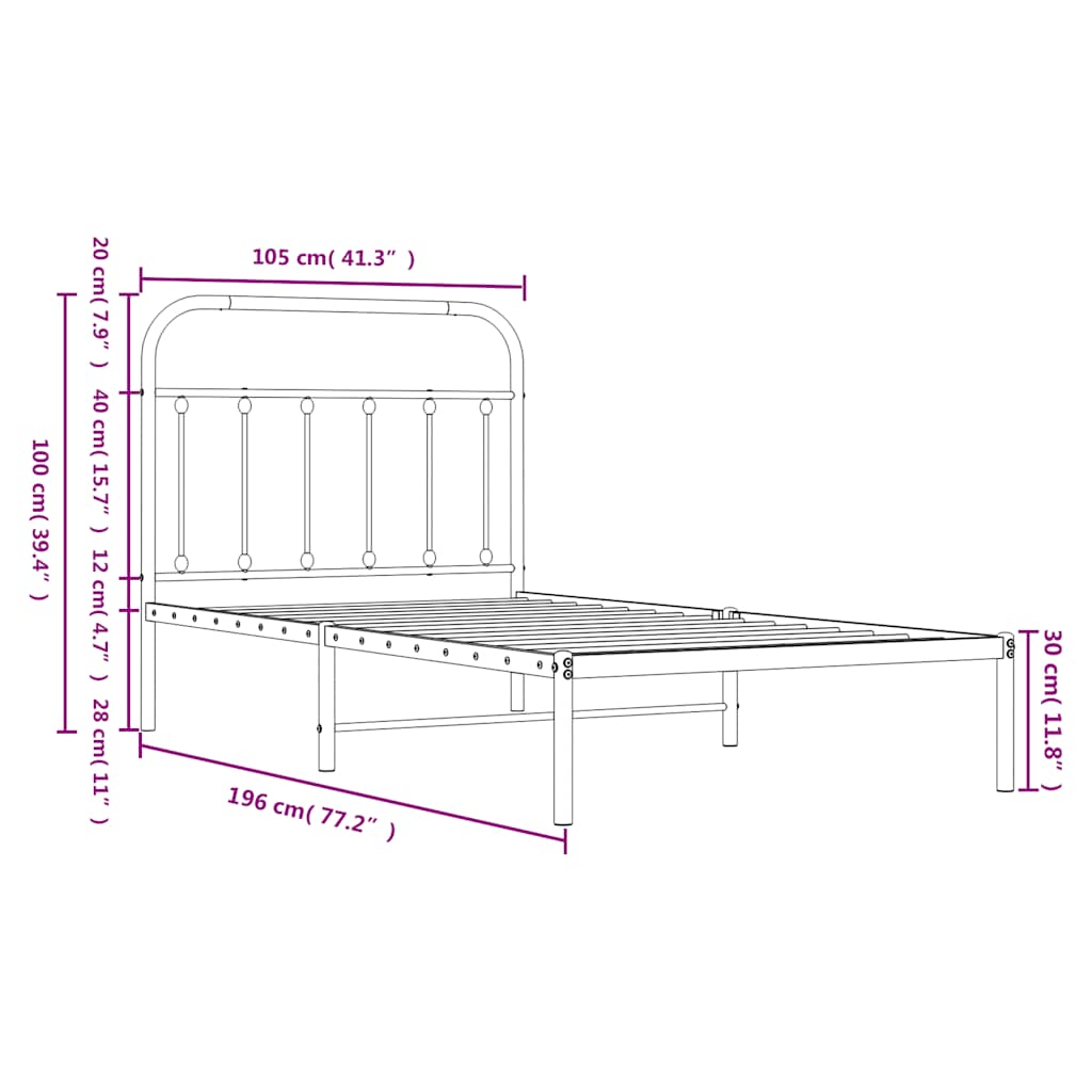 Metal Bed Frame without Mattress with Headboard Black 100x190cm