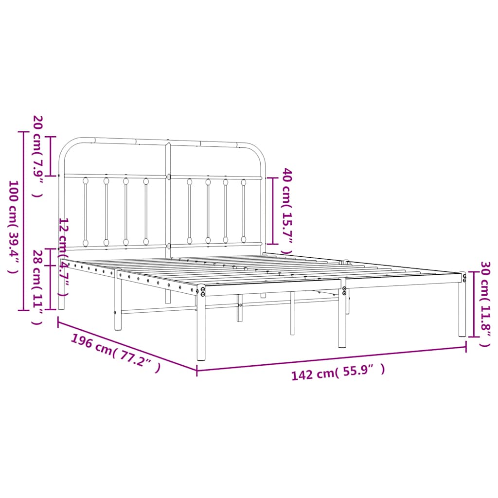 Metal Bed Frame without Mattress with Headboard Black 135x190cm