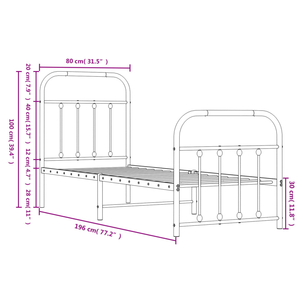 Metal Bed Frame without Mattress with Footboard Black 75x190cm