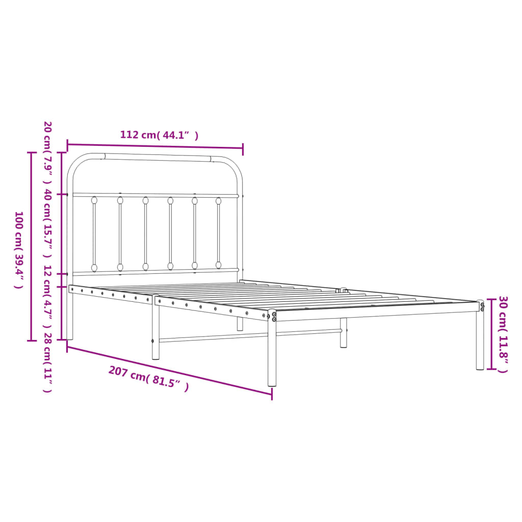 Metal Bed Frame without Mattress with Headboard White 107x203cm