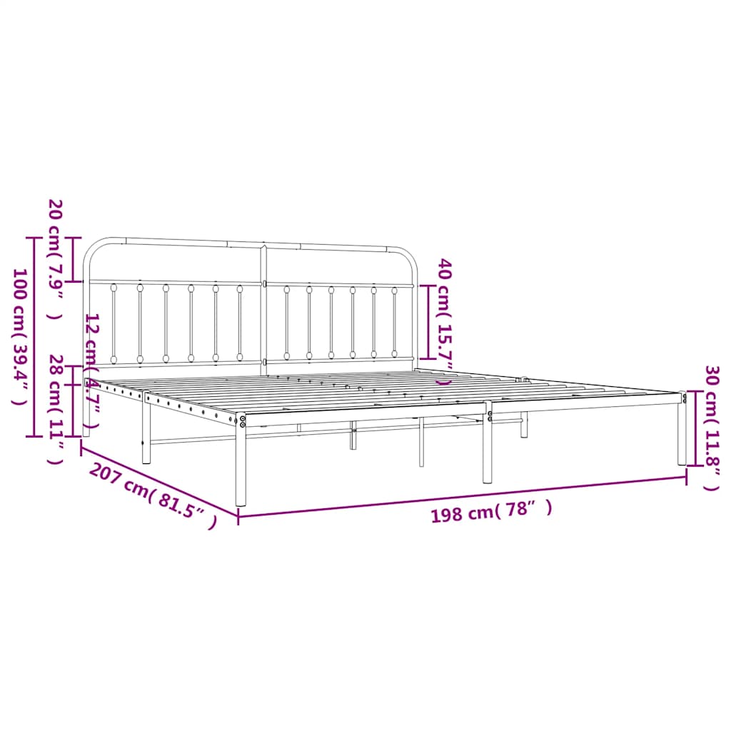 Metal Bed Frame without Mattress with Headboard White 193x203cm