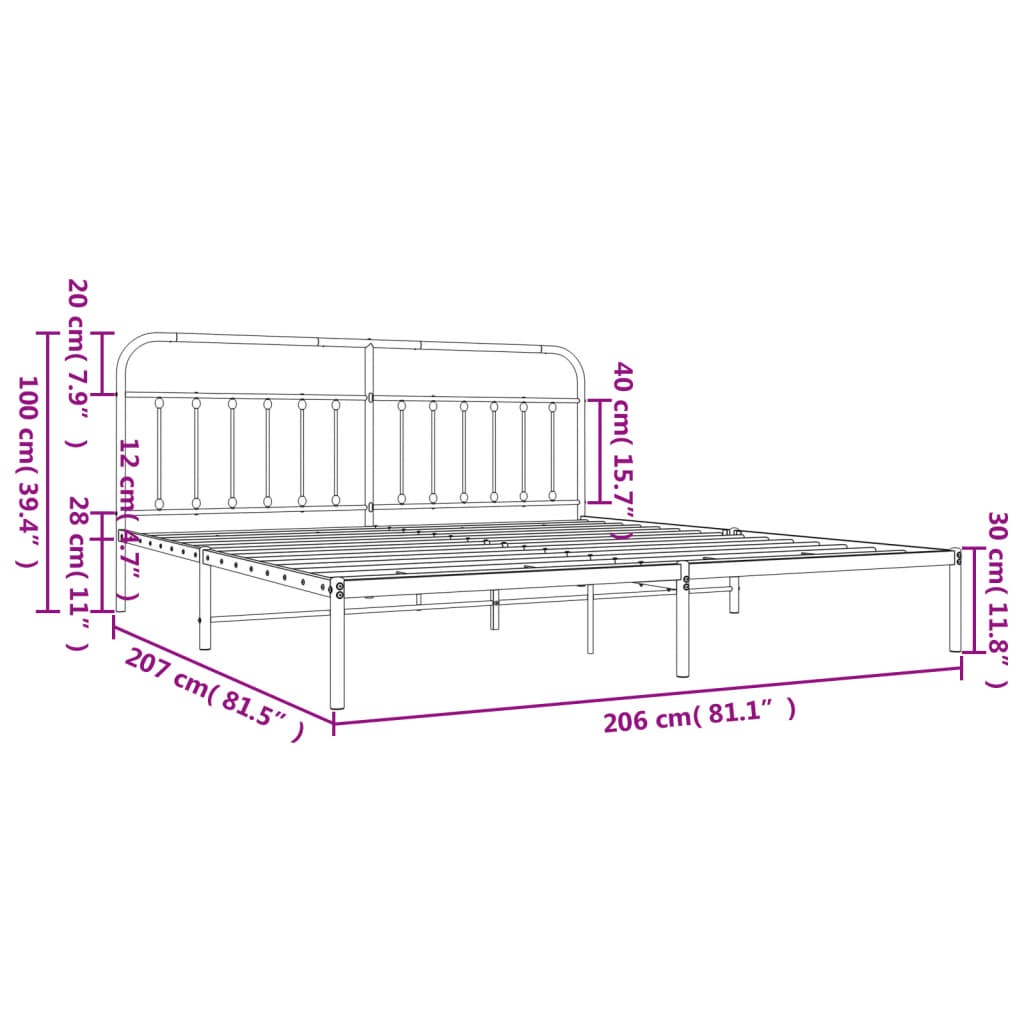 Metal Bed Frame without Mattress with Headboard White 200x200cm