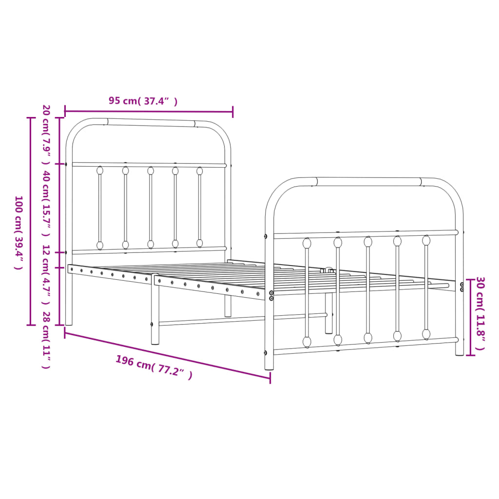 Metal Bed Frame without Mattress with Footboard White 90x190cm