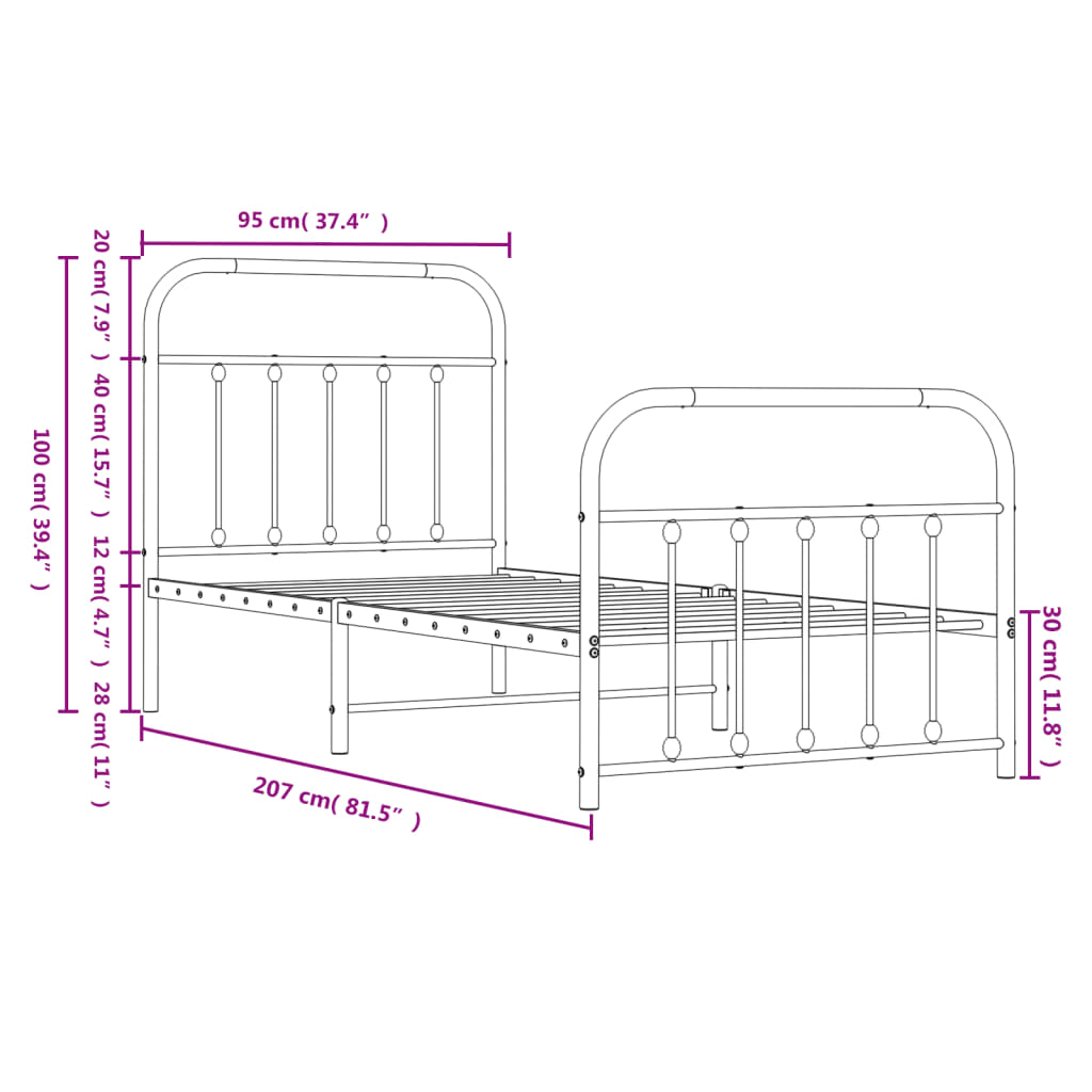 Metal Bed Frame without Mattress with Footboard White 90x200cm