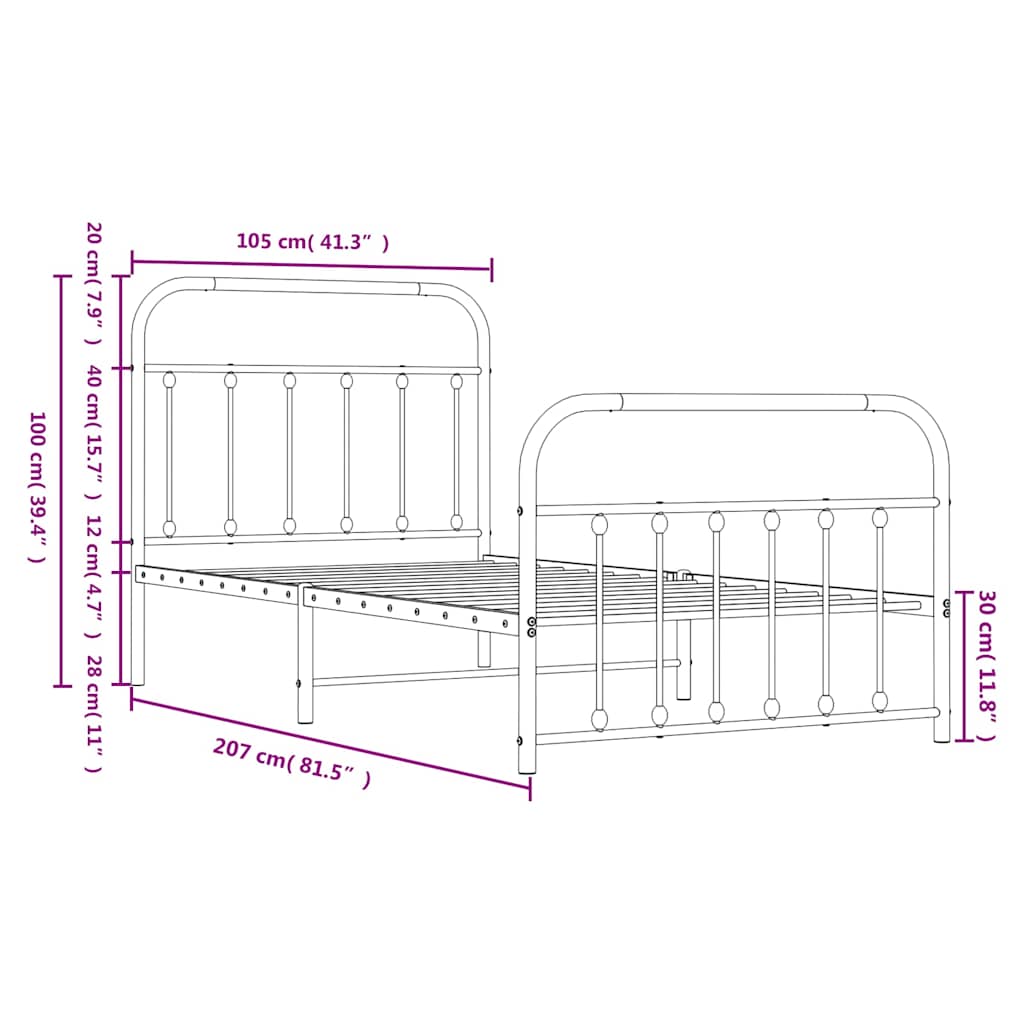 Metal Bed Frame without Mattress with Footboard White 100x200cm