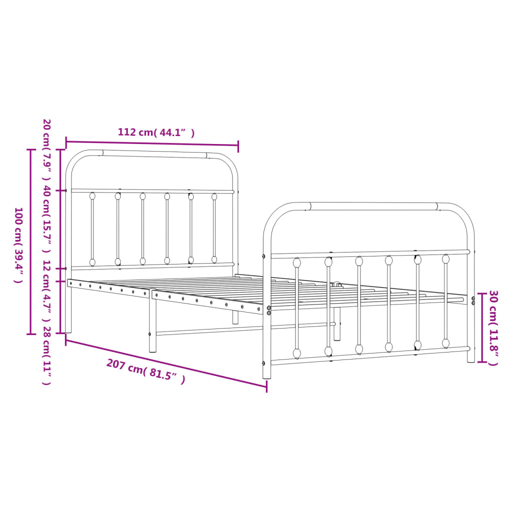 Metal Bed Frame without Mattress with Footboard White 107x203cm