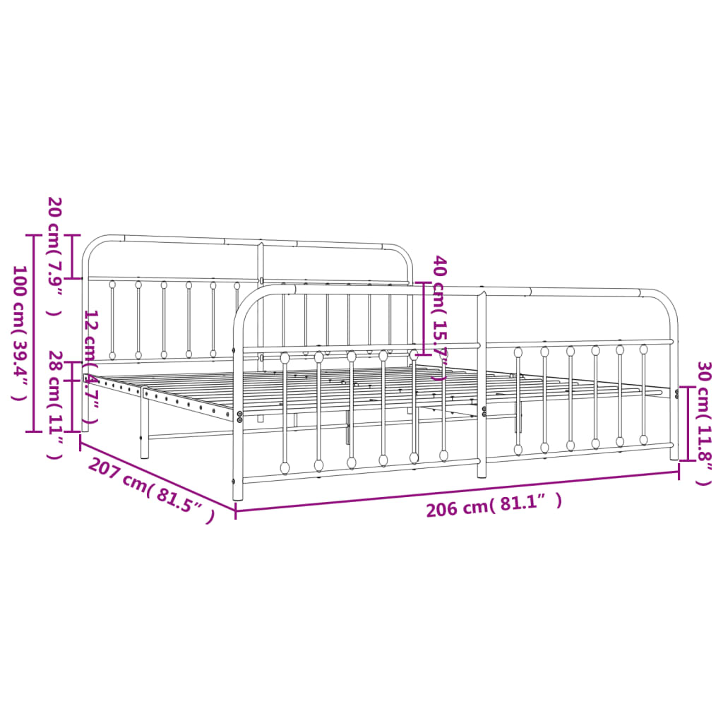Metal Bed Frame without Mattress with Footboard White 200x200cm
