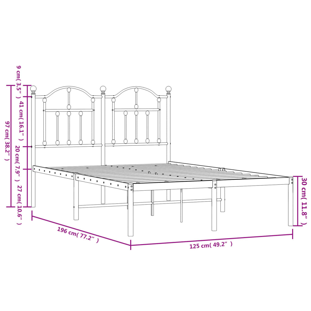 Metal Bed Frame without Mattress with Headboard Black 120x190cm