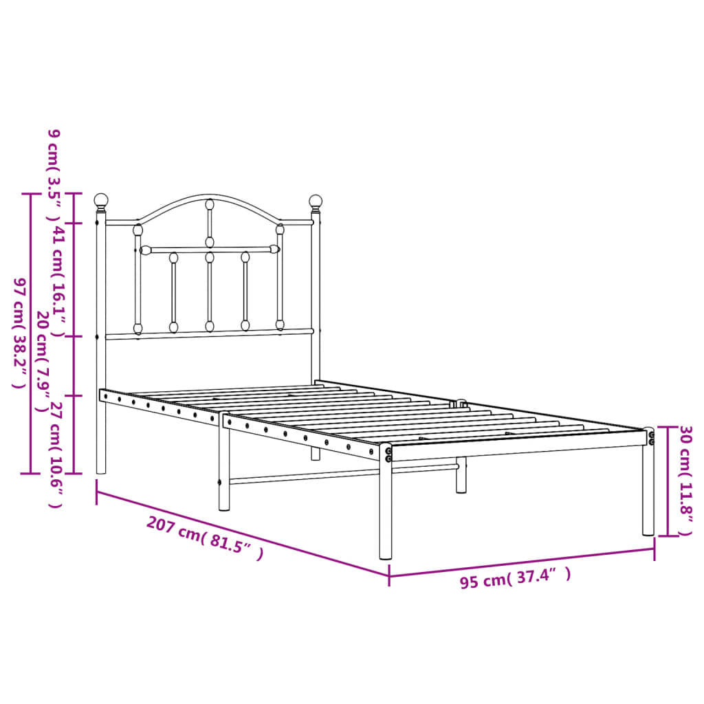 Metal Bed Frame without Mattress with Headboard White 90x200cm