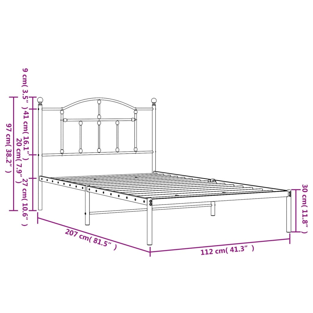 Metal Bed Frame without Mattress with Headboard White 107x203cm