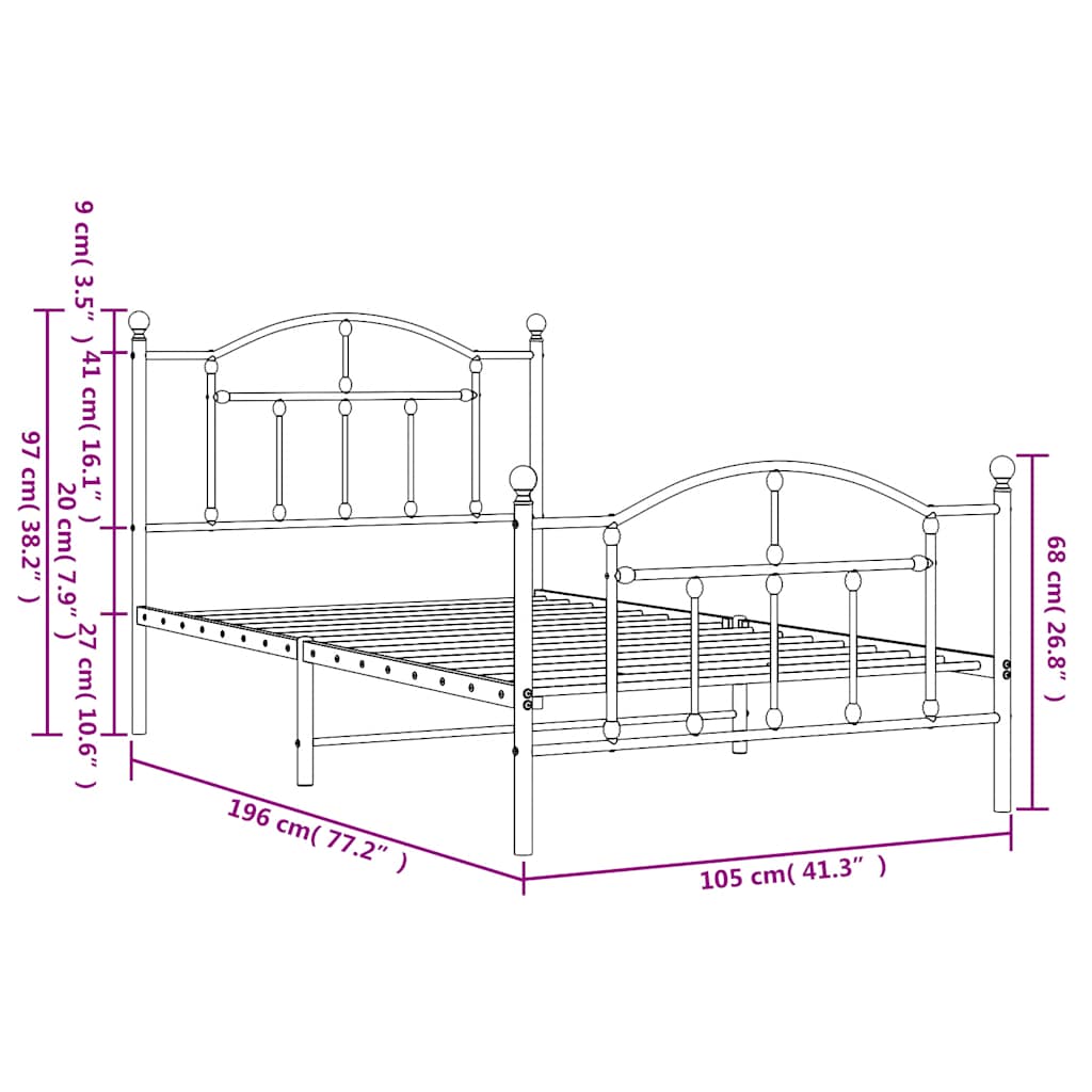 Metal Bed Frame without Mattress with Footboard White 100x190cm