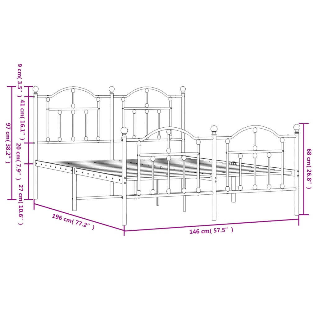 Metal Bed Frame without Mattress with Footboard White 140x190cm