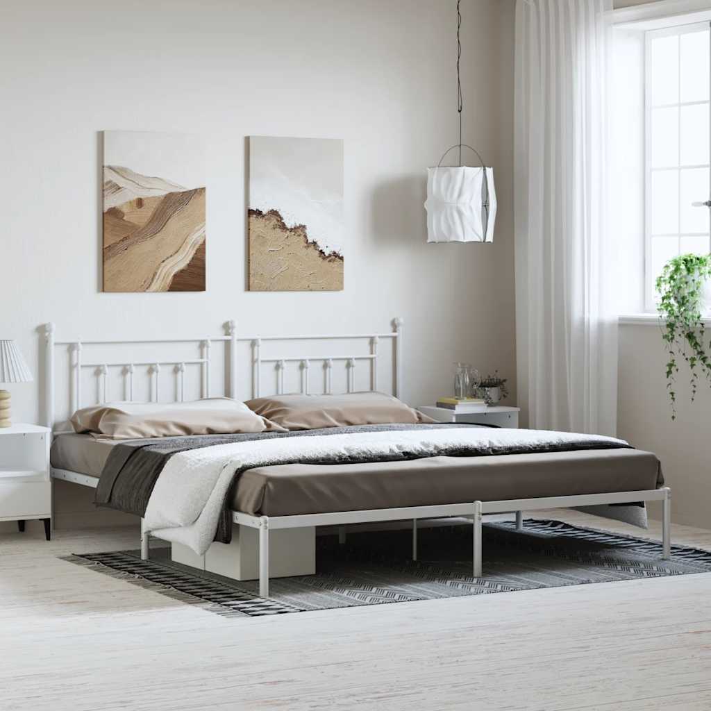Metal Bed Frame without Mattress with Headboard White 193x203cm