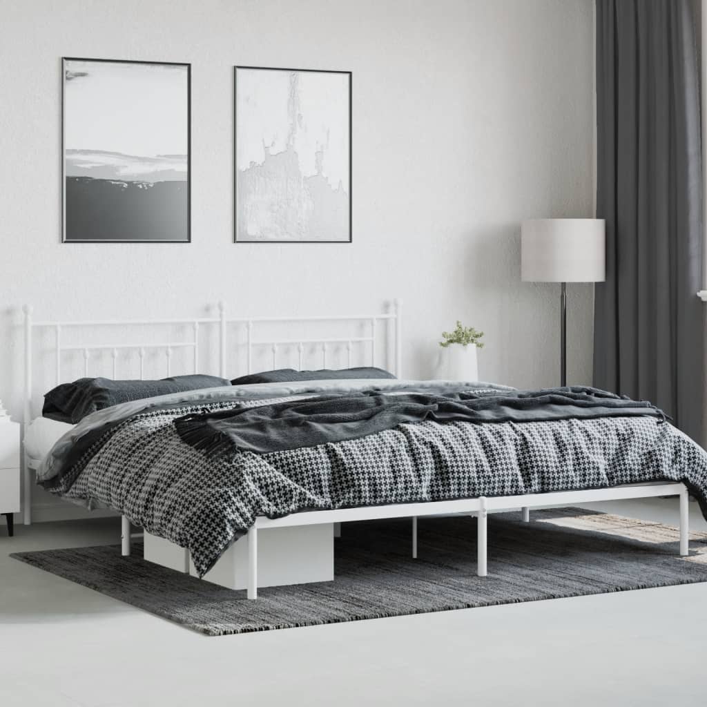 Metal Bed Frame without Mattress with Headboard White 200x200cm