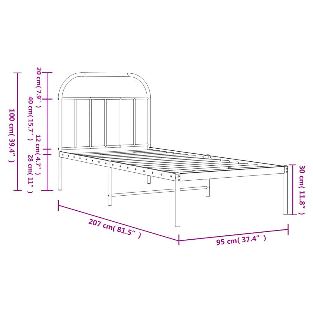 Metal Bed Frame without Mattress with Headboard Black 90x200cm