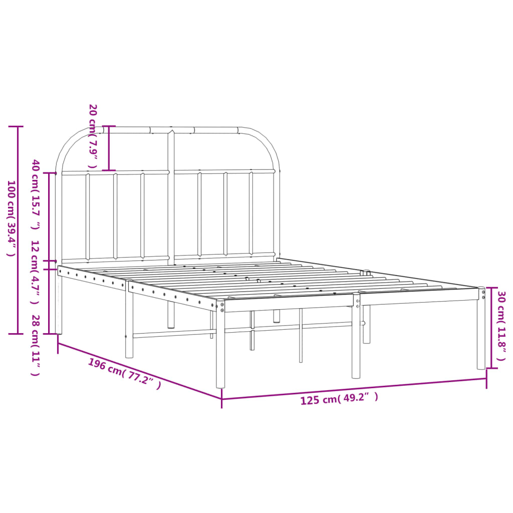 Metal Bed Frame without Mattress with Headboard Black 120x190cm