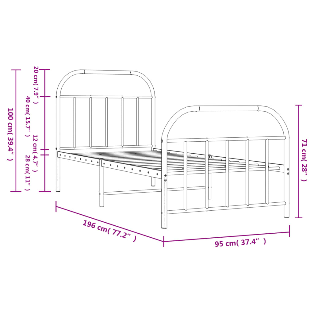 Metal Bed Frame without Mattress with Footboard Black 90x190cm